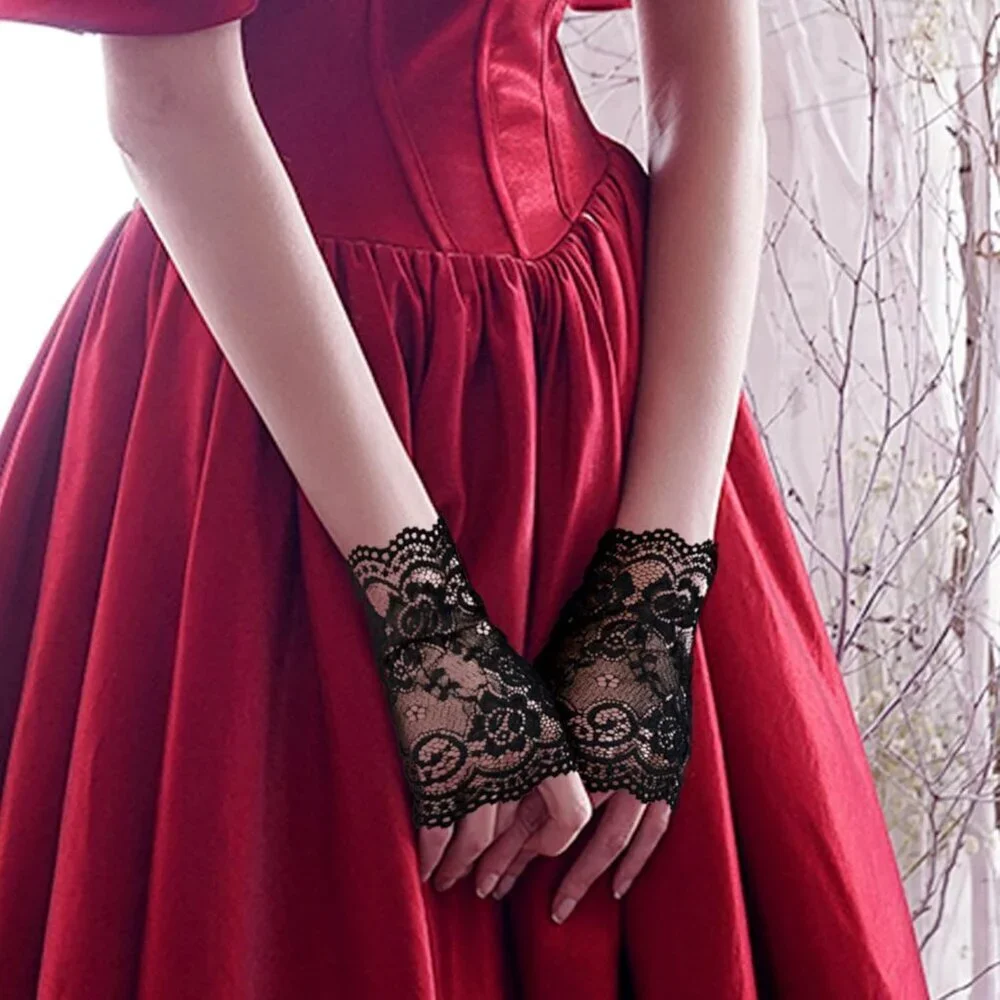 Women's 2 Pair Black Lace Fingerless Gloves Party Prom Costume Accessories